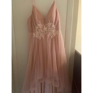 Dusty pink V Neck High-low Hem Pleated Tulle Prom Dress